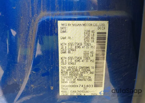 2014 Nissan Frontier S/Sv/Sl/Pro-4X из США, поврежденный, VIN 1N6AD0ER0EN741403